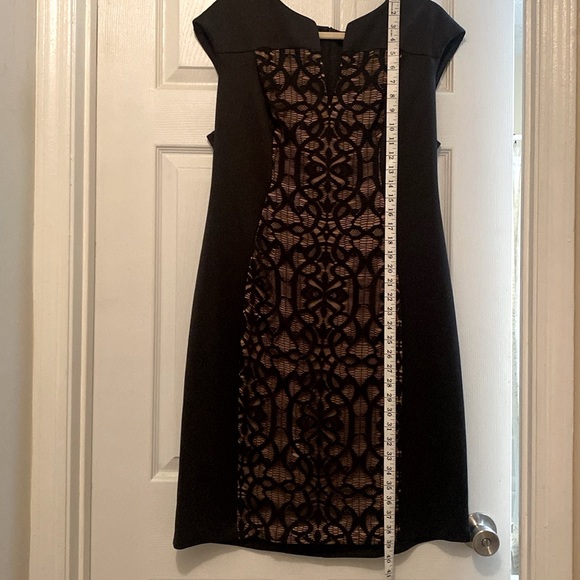 Black cocktail dress with cap sleeve and lace front panel. - Picture 8 of 9
